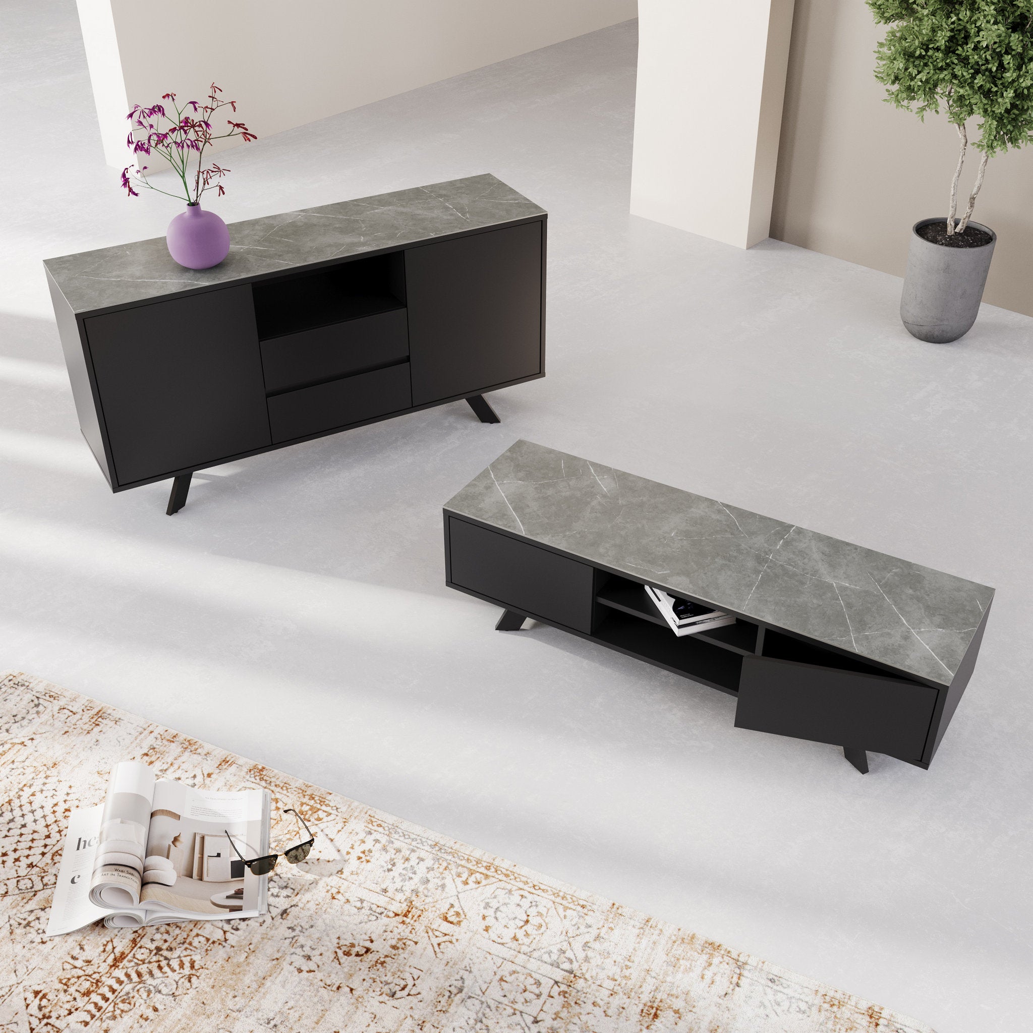 Azzaro Matte Grey Ceramic TV Unit